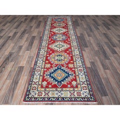 2'9 "x9'6" Alfombra de Lana Anudada a Mano Kazak Roja con Diseño de Medallón Geométrico