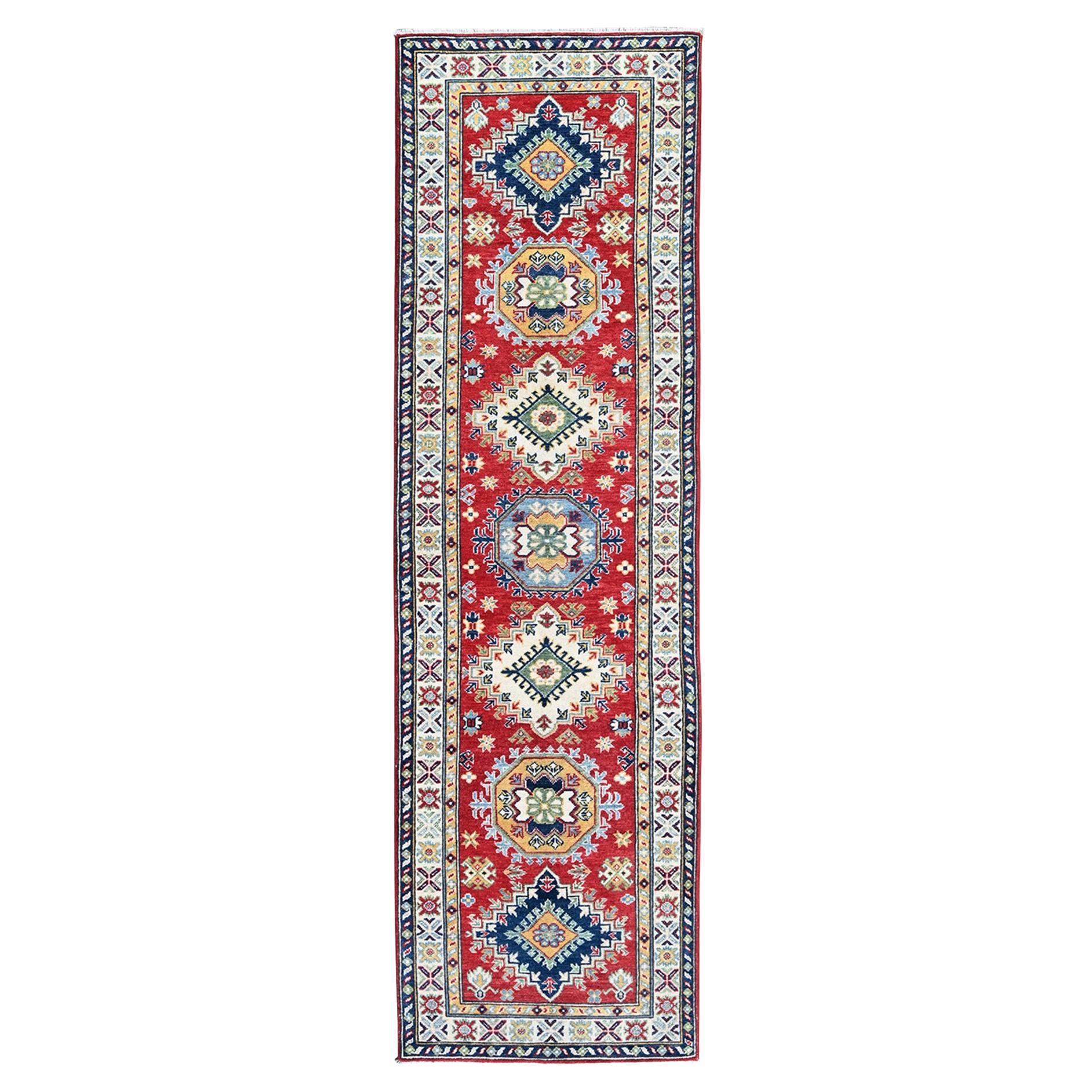 2
9 "x9
6" Rot Kazak mit geometrischem Medaillon Design Hand geknüpft Wolle Läufer Teppich