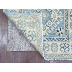 2'9"x9'7" Blue Vintage Look Kazak with Medallions Hand Knotted Wool Runner Rug