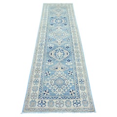 2'9"x9'7" Blue Vintage Look Kazak with Medallions Hand Knotted Wool Runner Rug