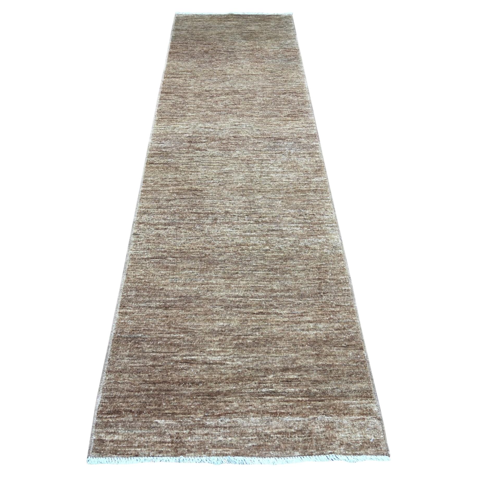 2'9"x9'7" Brown Plain Solid Pattern Hand Knotted Ghazni Wool Runner Oriental Rug