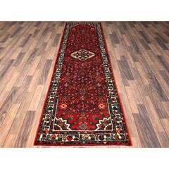 2'9"x9'7" Crimson Red New Persian Hamadan Hand Knotted Soft Wool Runner Rug