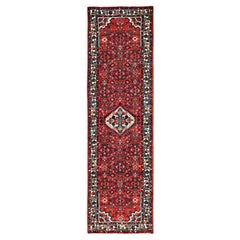 2'9"x9'7" Crimson Red New Persian Hamadan Hand Knotted Soft Wool Runner Rug