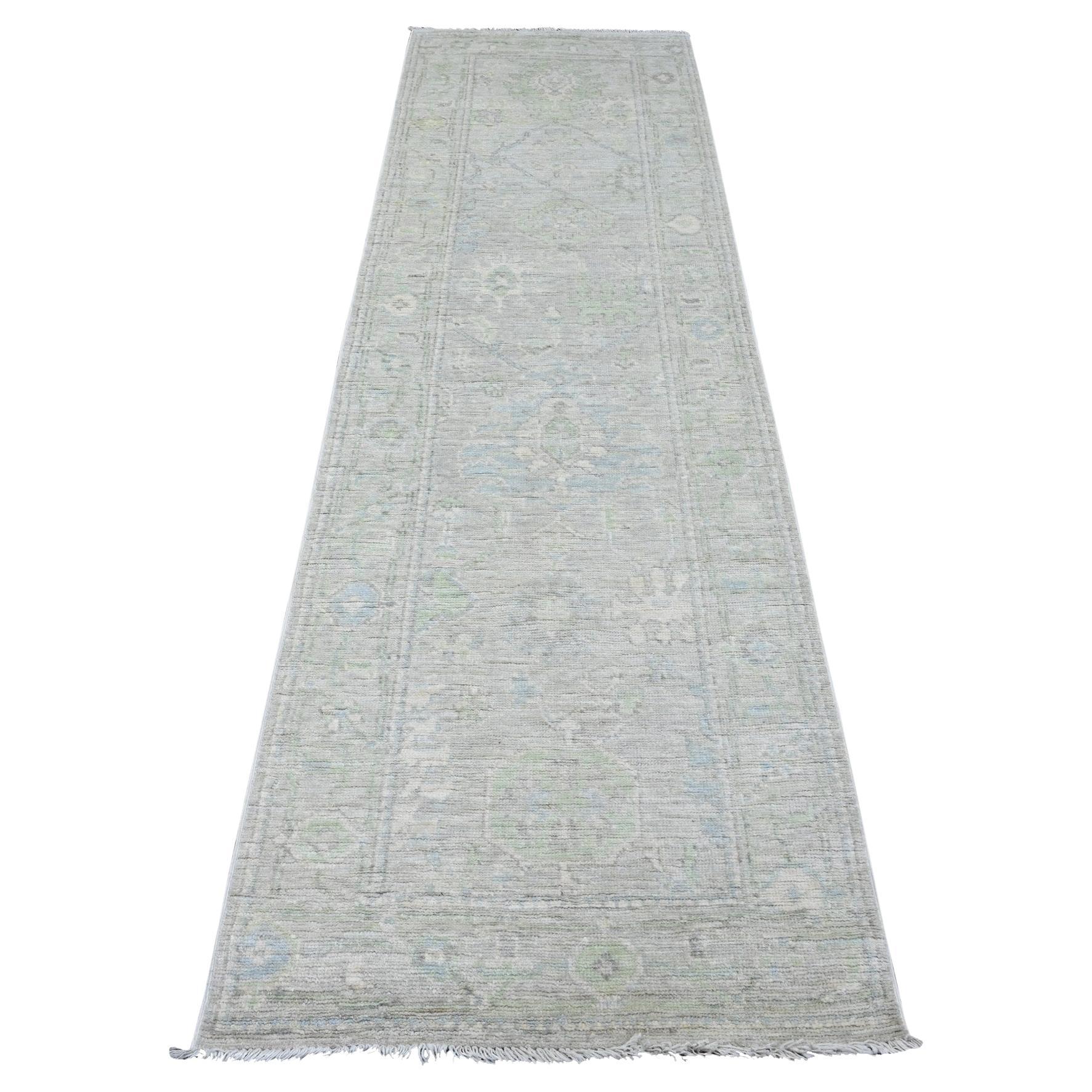2
9"x9
7" Gray Afghan Angora Oushak Leaf Design Hand Knotted All Wool Runner Rug