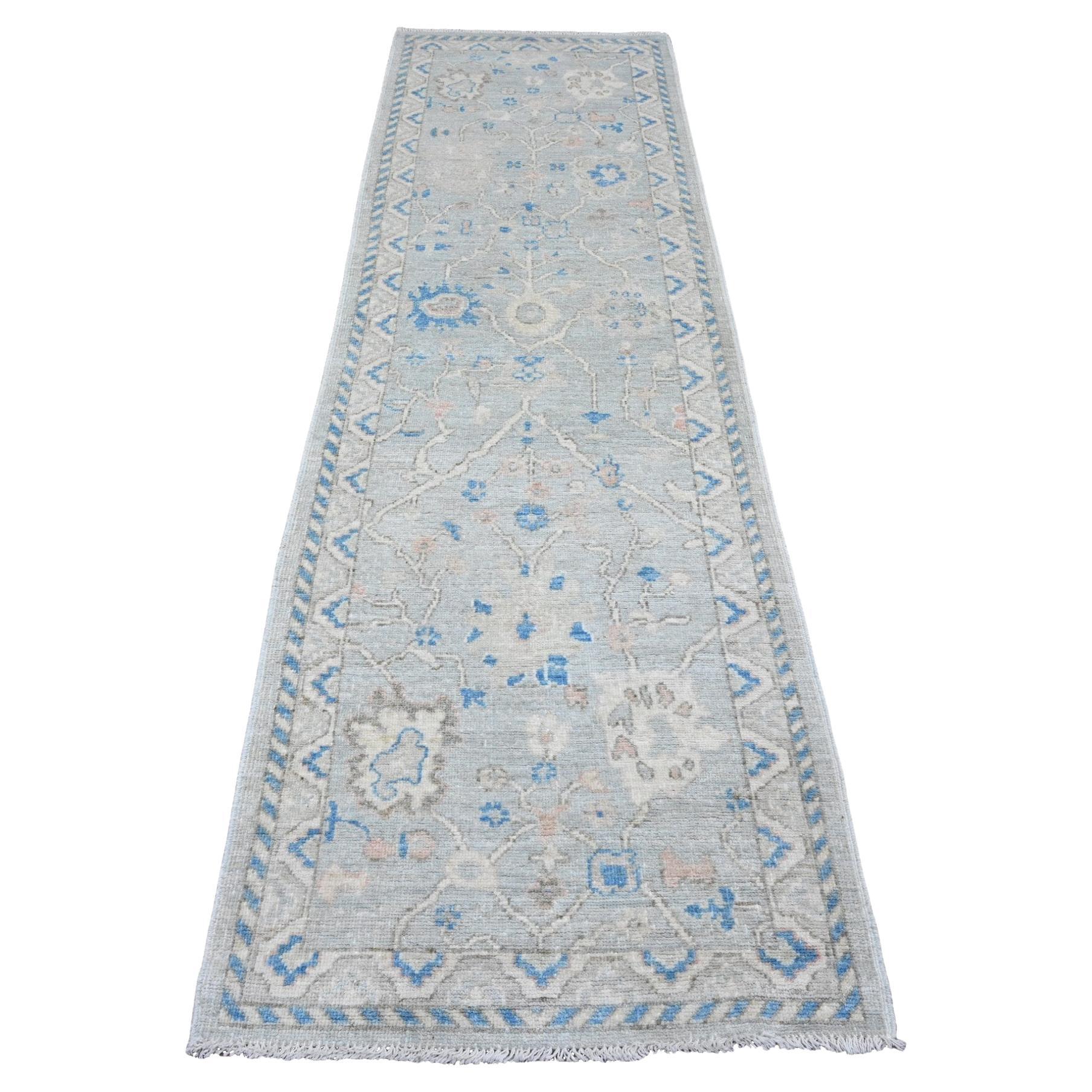 2'9"x9'7" Gray Hand Knotted Afghan Angora Oushak Vines Design Wool Runner Rug For Sale