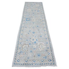 2'9"x9'7" Gray Hand Knotted Afghan Angora Oushak Vines Design Wool Runner Rug