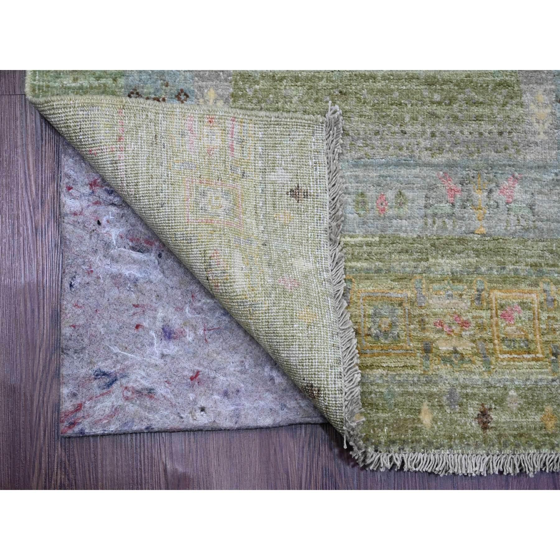 Sage Green, Soft Wool, Fine Kashkuli Gabbeh with Small Animal Figurines, Hand Knotted, Natural Dyes, Runner, Oriental Rug
Primary materials: Wool
Latex: No Pile 
height: 0.25 Inches
Style: Traditional
Primary color: Green
Secondary colors: Red,