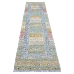 2'9"x9'7" Green Soft Wool Fine Kashkuli Animal Figurines Hand Knotted Runner Rug