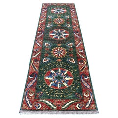 2'9"x9'7" Hand Knotted Green Afghan Turkoman Ersari With Tribal Design Wool Rug