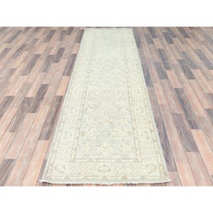 2'9"x9'7" Ivory, Hand Knotted, Afghan Stone Washed Peshawar, Wool, Runner Rug