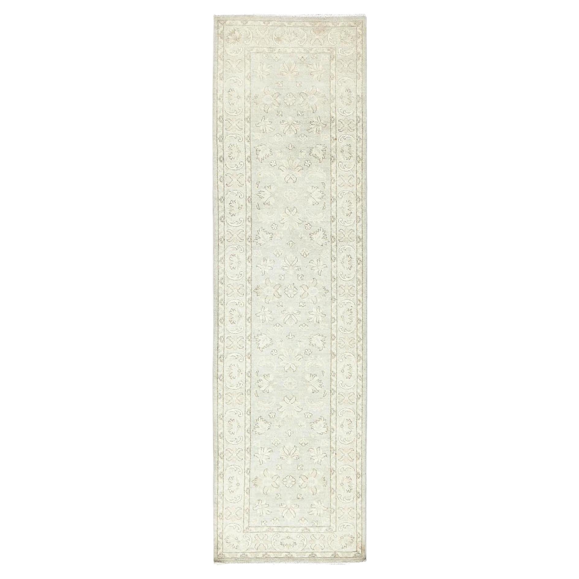 2
9"x9
7" Ivory, Hand Knotted, Afghan Stone Washed Peshawar, Wool, Runner Rug