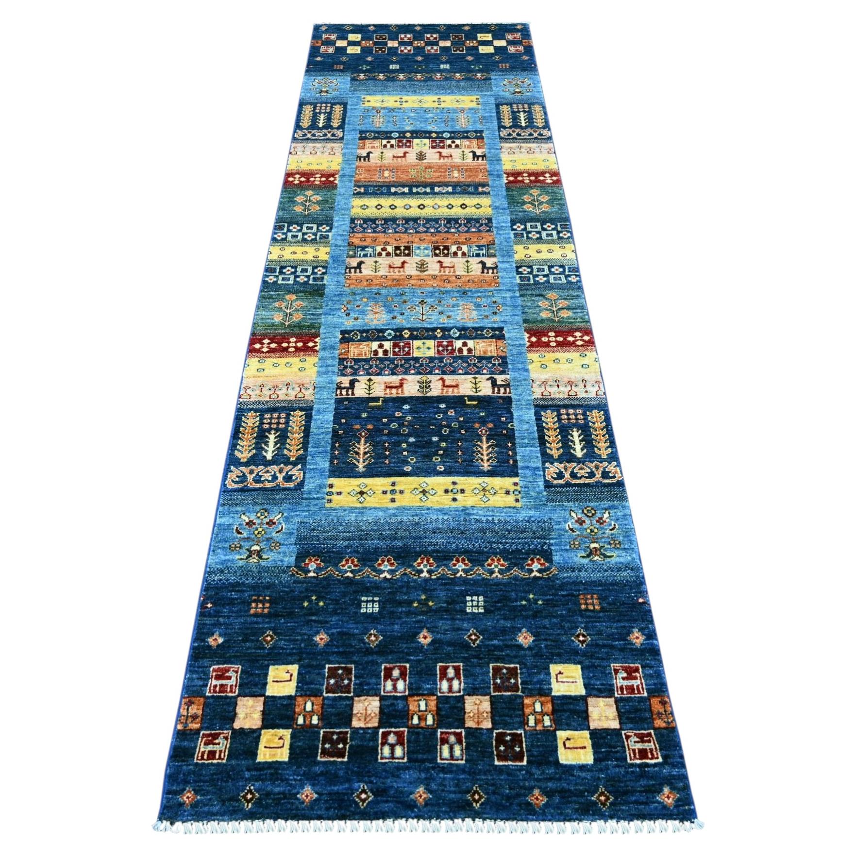 2'9"x9'7" Navy Blue Hand Knotted Fine Kashkuli Gabbeh Pure Wool Runner Rug