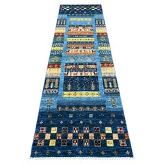 Alfombra de pasillo de lana pura, estilo Gabbeh de Kashkuli, de alta calidad, tejida a mano, en azul marino, de 84 cm x 295 cm