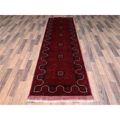 Tappeto da corridoio in lana annodato a mano, modello afgano Andkhoy rosso, 86 cm x 295 cm, con motivi geometrici