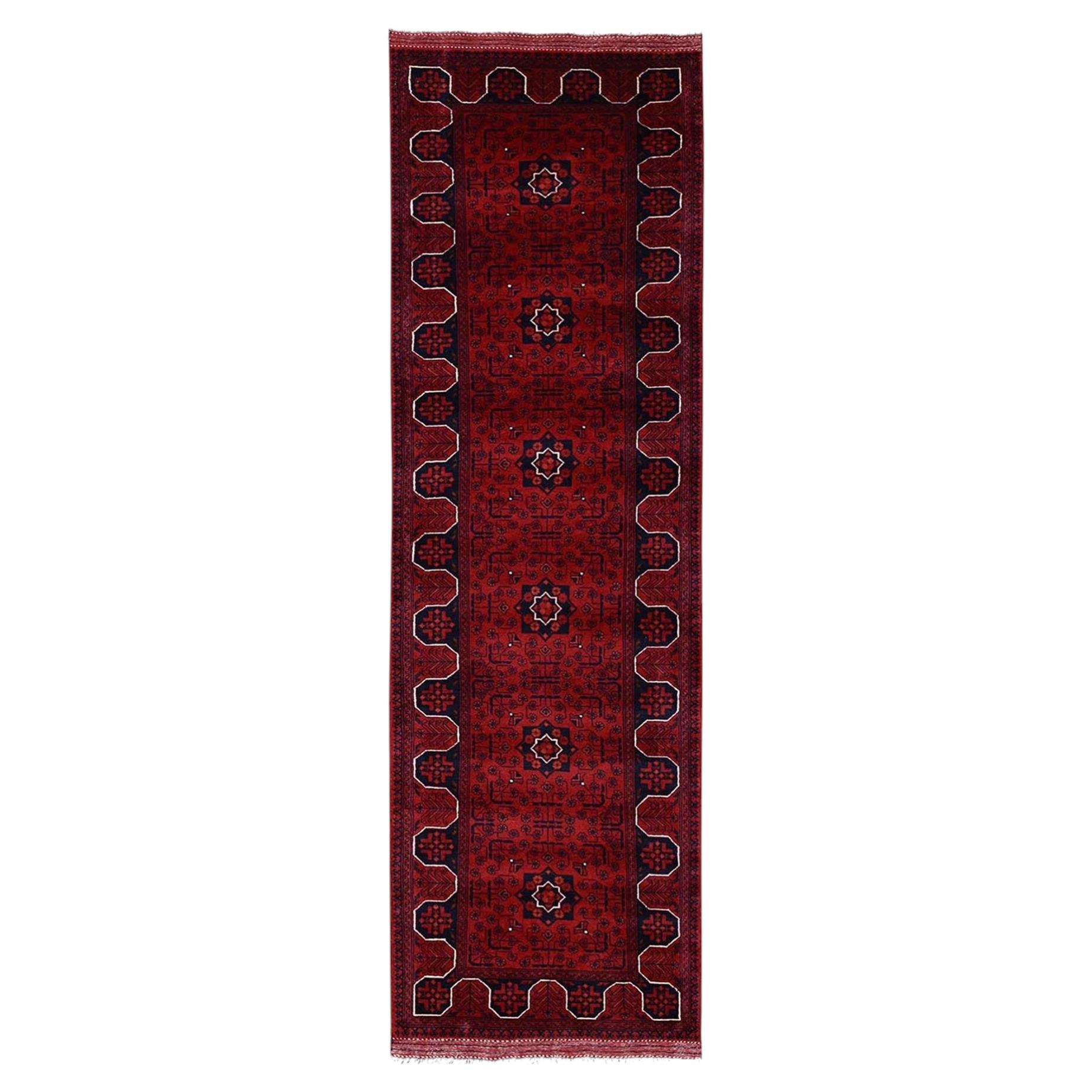 2'9"x9'7" Red Afghan Andkhoy with Geometric Motif Hand Knotted Wool Runner Rug