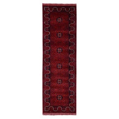 Tappeto da corridoio in lana annodato a mano, modello afgano Andkhoy rosso, 86 cm x 295 cm, con motivi geometrici
