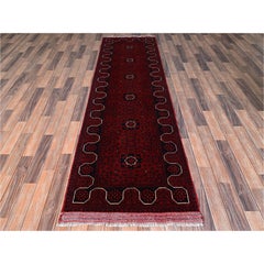 2'9"x9'7" Red Afghan Andkhoy with Geometric Motif Wool Hand Knotted Runner Rug