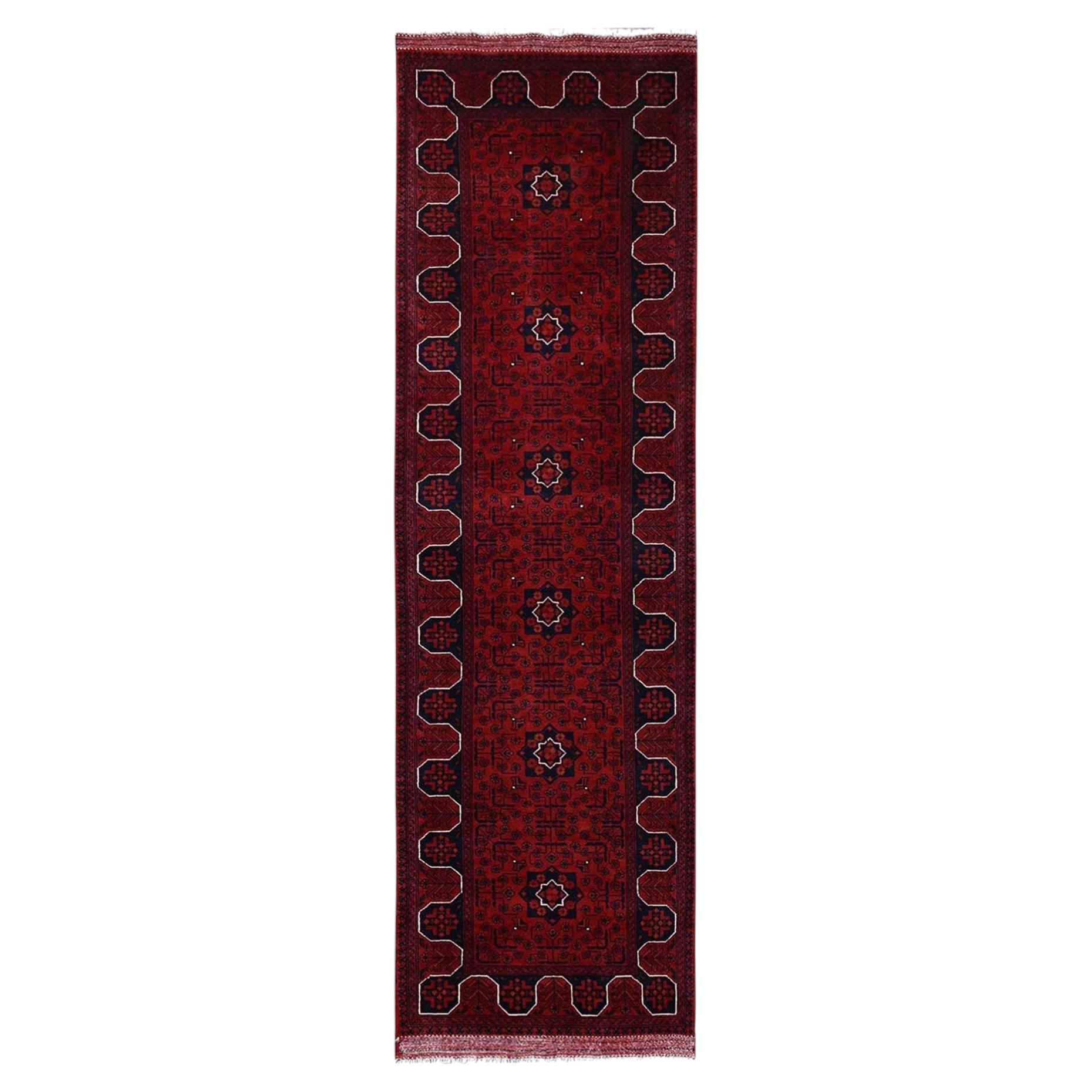 2'9"x9'7" Red Afghan Andkhoy with Geometric Motif Wool Hand Knotted Runner Rug