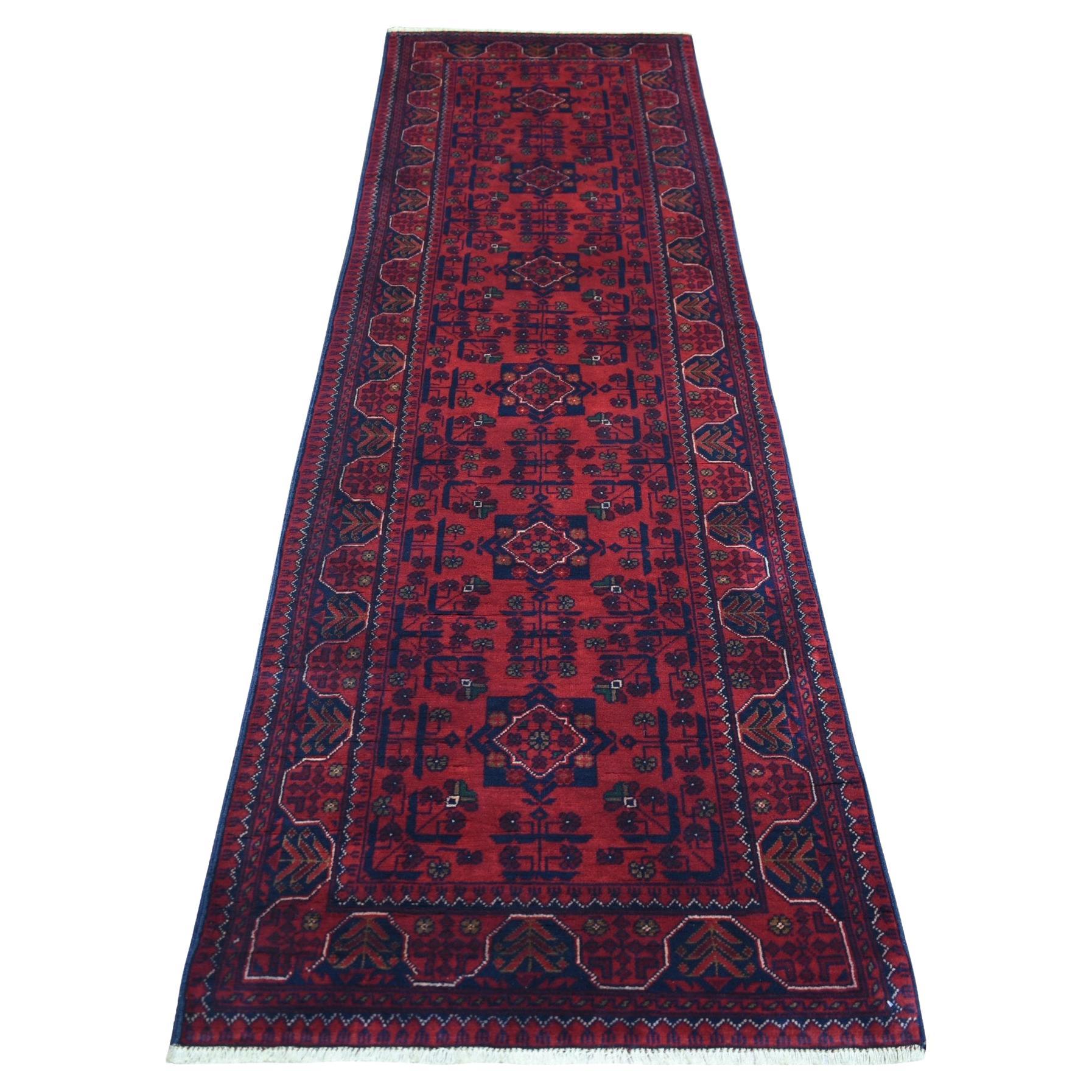 2
9"x9
7" Red Afghan Khamyab Wool Tribal Design Hand Knotted Runner Rug