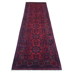 2'9"x9'7"  Red Afghan Khamyab Wool Tribal Design Hand Knotted Runner Rug
