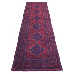 2
9 "x9
7" Tapis de course rouge à design tribal en pure laine, Afghan Khamyab, noué à la main
