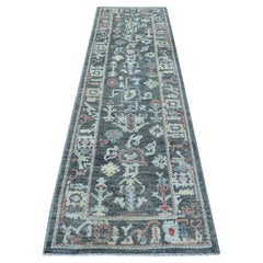 2'9 "x9'8" Charcoal Black Angora Oushak Pure Wool Hand Knots Rugs (Tappeto da corsa annodato a mano)