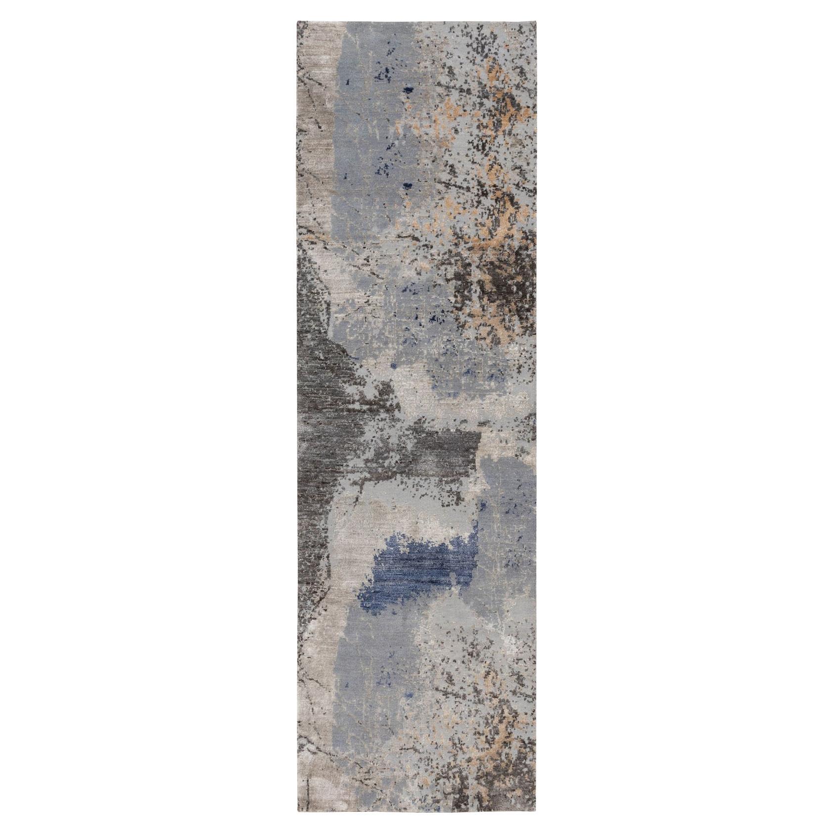 2
9 "x9
8" Couloir en laine et soie à design abstrait gris, noué à la main Tapis d
Orient