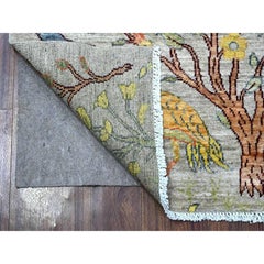 2'9"x9'8" Gray Peshawar Birds Paradise Hand Knotted Wool Runner Oriental Rug