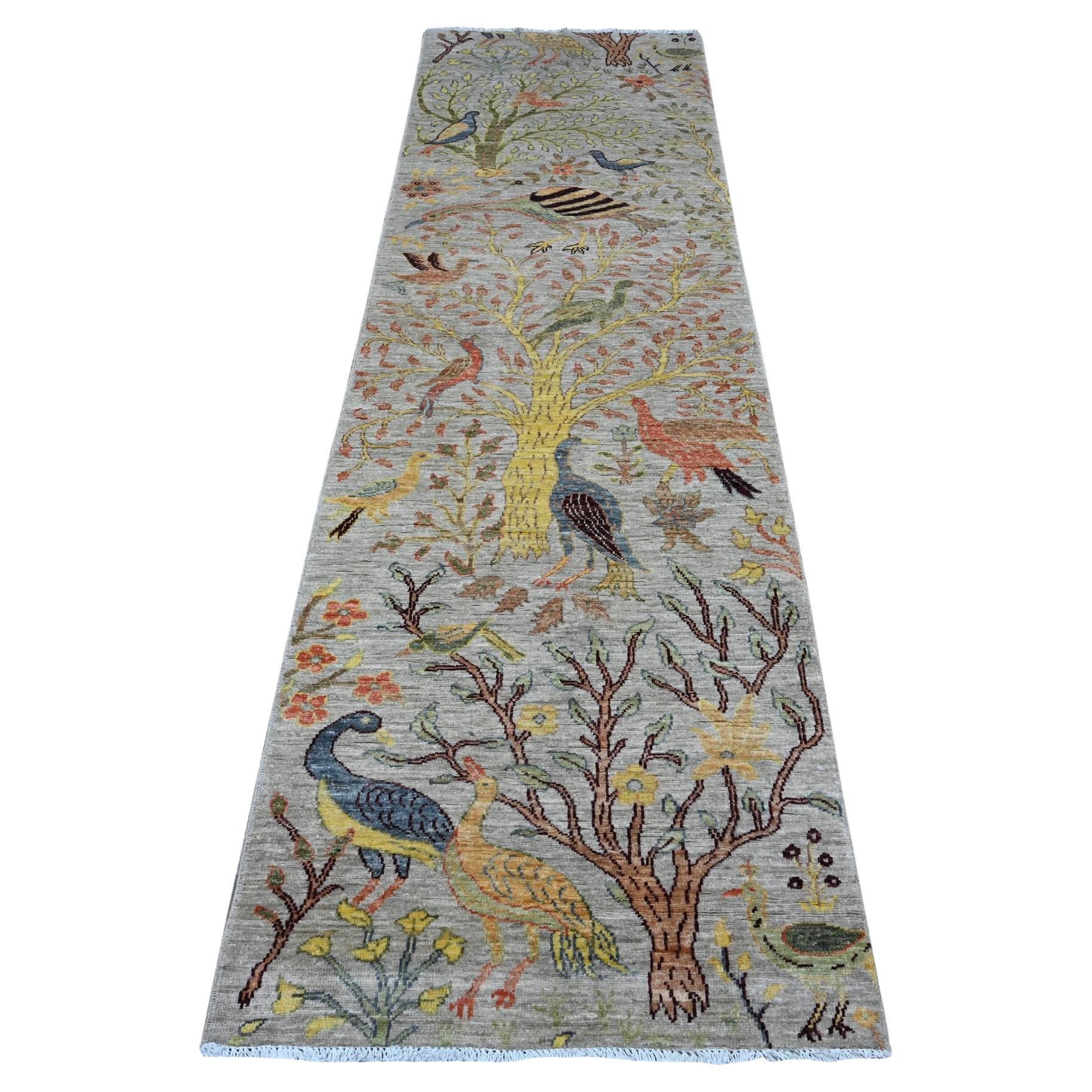 2'9 "x9'8" Grau Peshawar Birds Paradise Hand geknüpft Wolle Läufer Orientteppich im Angebot