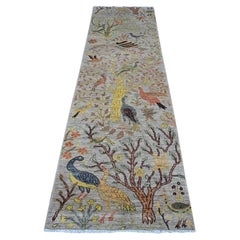 2'9 "x9'8" Gray Peshawar Birds Paradise Tappeto orientale Runner in lana annodato a mano