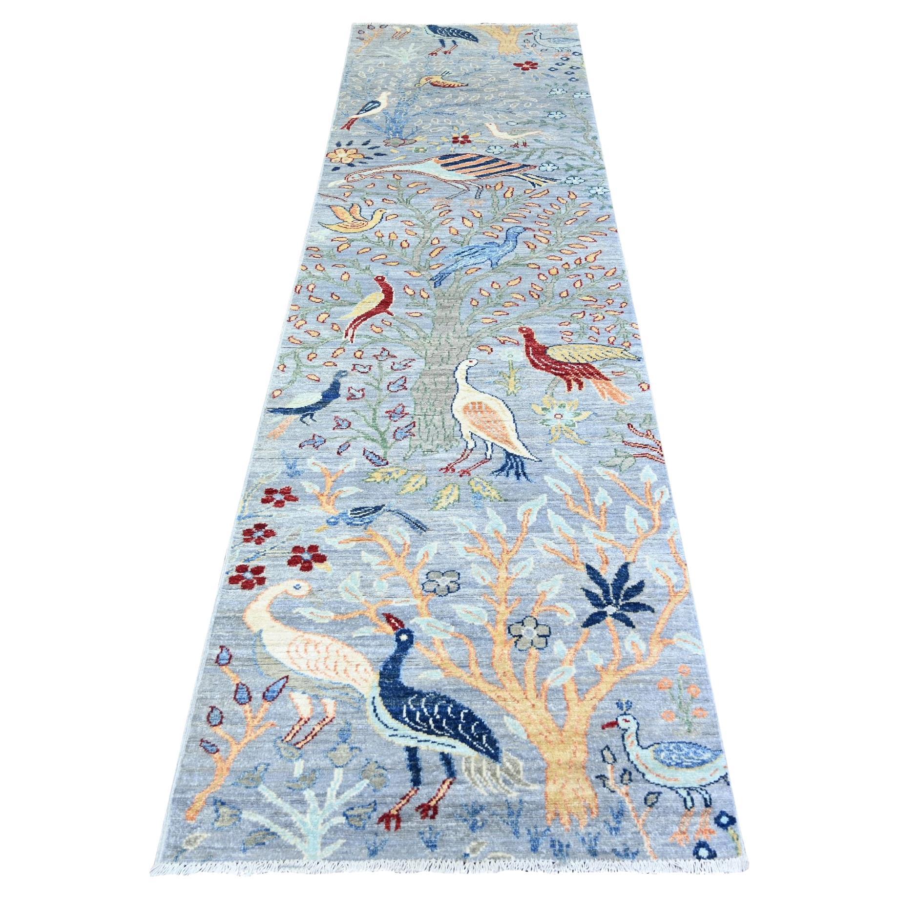 2'9"x9'8" Gray Wool Afghan Peshawar Birds of Paradise Hand Knotted Runner Rug