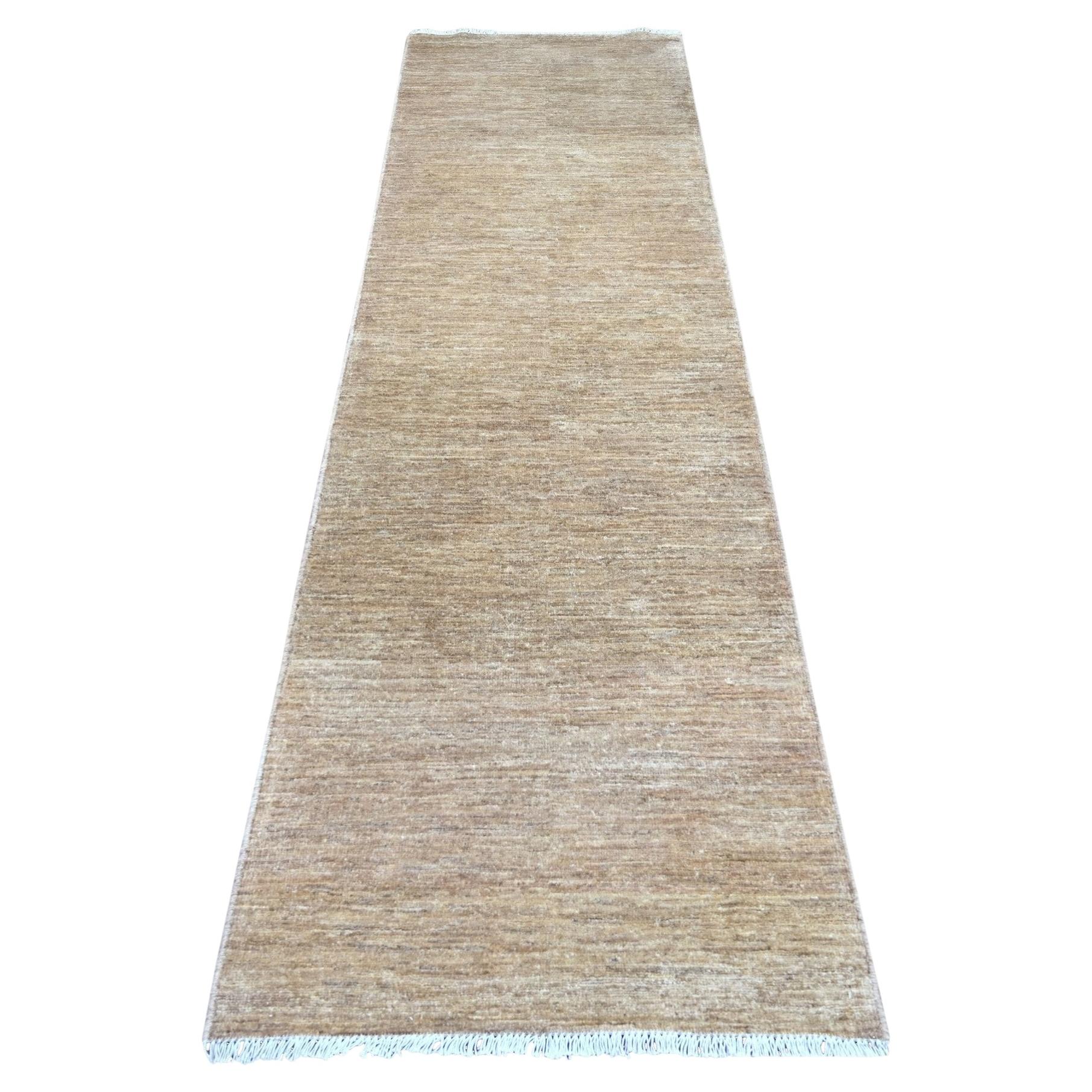 2'9"x9'8" Khaki Brown Plain Solid Pattern Hand Knotted Ghazni Wool Runner Rug