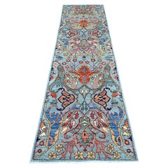 2'9"x9'8" Maya Blue Bijar Garus Design Hand Knotted Wool Runner Oriental Rug