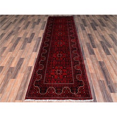 2'9"x9'8" Red Afghan Andkhoy with Tribal Motif Hand Knotted Soft Wool Runner Rug