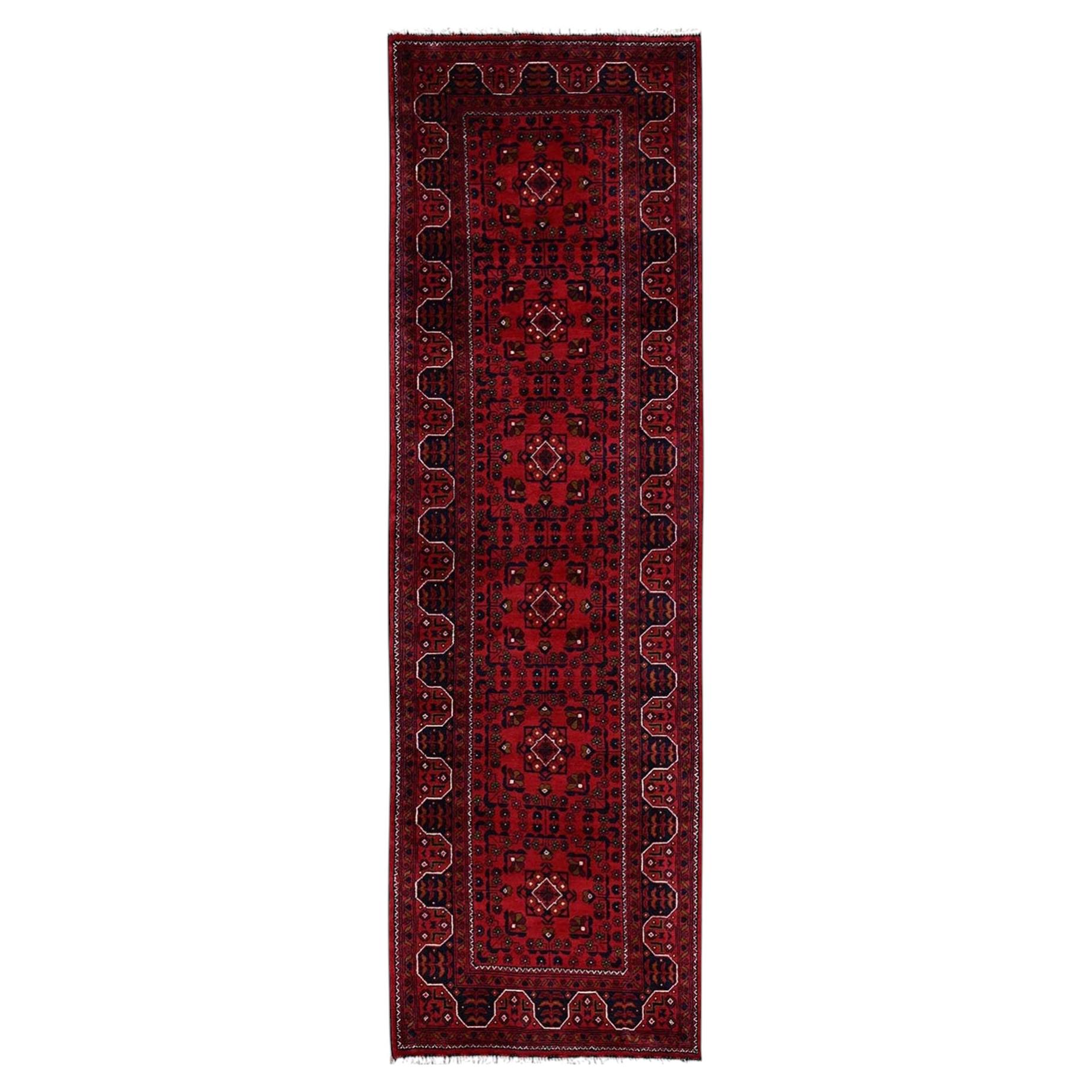 2'9"x9'8" Red Afghan Andkhoy with Tribal Motif Hand Knotted Soft Wool Runner Rug