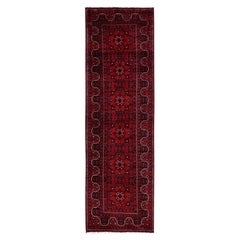 2'9"x9'8" Red Afghan Andkhoy with Tribal Motif Hand Knotted Soft Wool Runner Rug