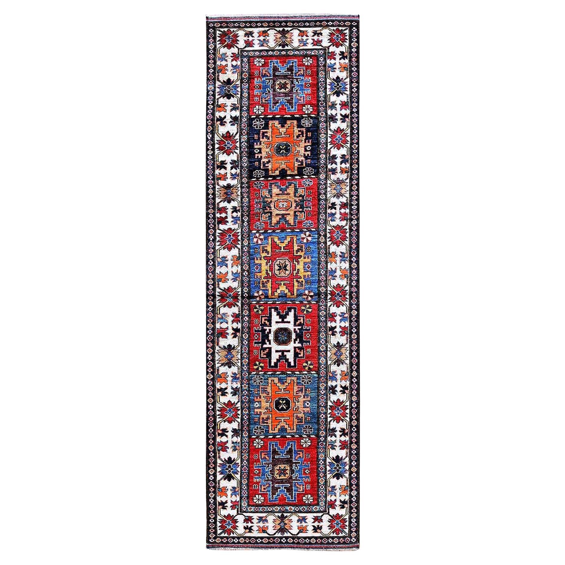 2'9"x9'8" Red Afghan with Caucasian Design Revival Hand Knotted Wool Runner Rug