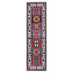 2'9"x9'8" Red Afghan with Caucasian Design Revival Hand Knotted Wool Runner Rug