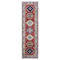 Tappeto Runner in lana morbida annodato a mano 2'9 "x9'8" rosso Kazak con design geometrico