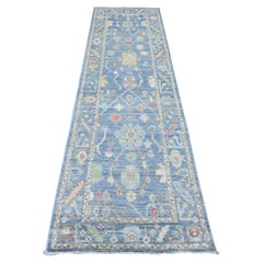 2'9 "x9'9" Alfombra de Lana Anudada a Mano Azul Angora Afgana Oushak Diseño de Hoja de Alfombra de Corredor