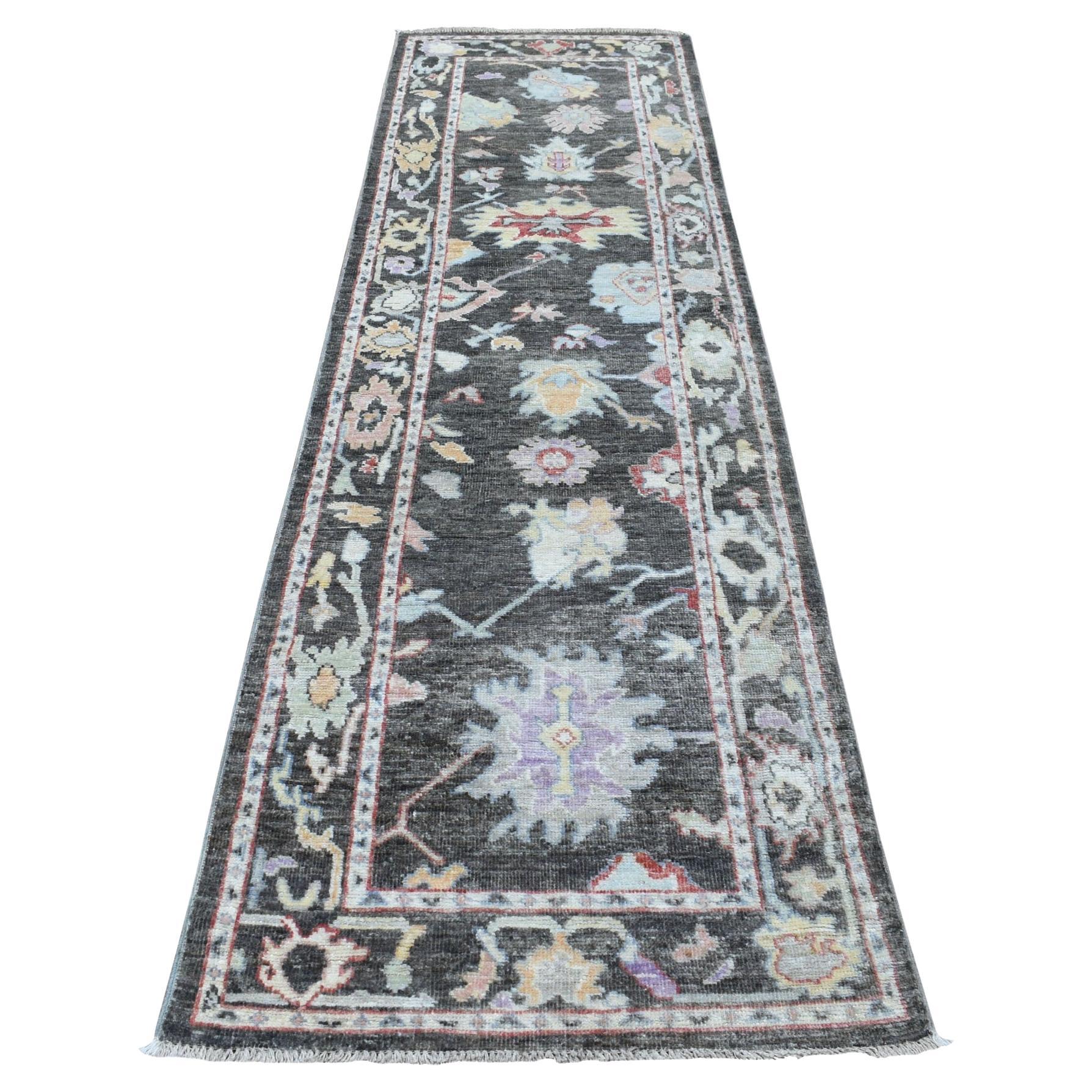 2'9 "x9'9" Tapis de course en laine brillante nouée à la main anthracite noir Angora Oushak