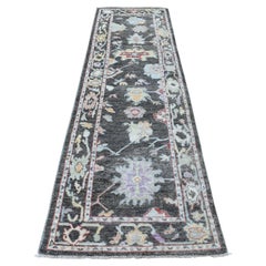 2'9 "x9'9" Tapis de course en laine brillante nouée à la main anthracite noir Angora Oushak