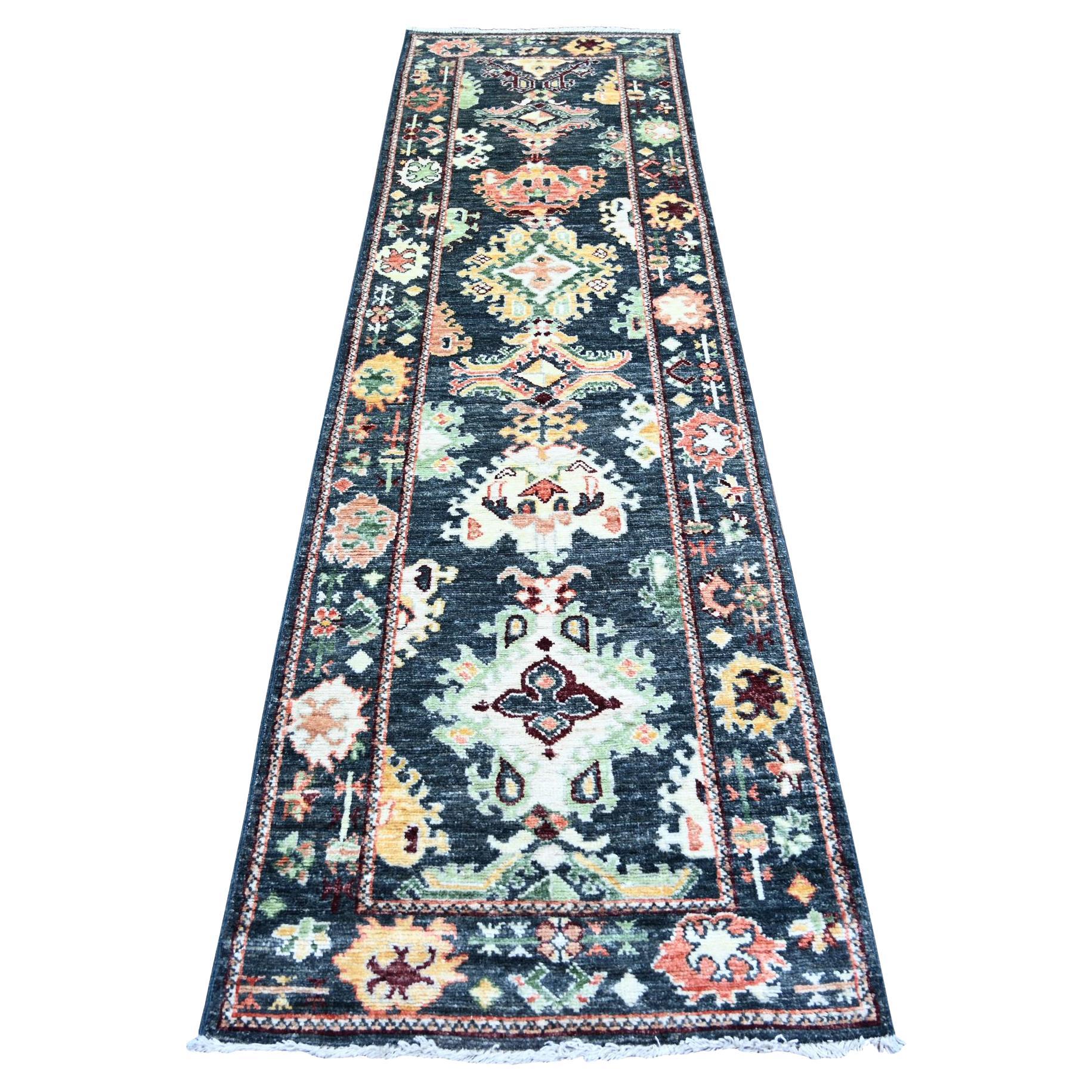 2'9"x9'9" True Black, 100% Wool Hand Knotted, Afghan Angora Oushak Runner Rug