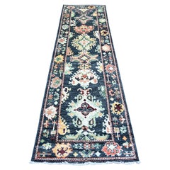 2'9"x9'9" True Black, 100% Wool Hand Knotted, Afghan Angora Oushak Runner Rug