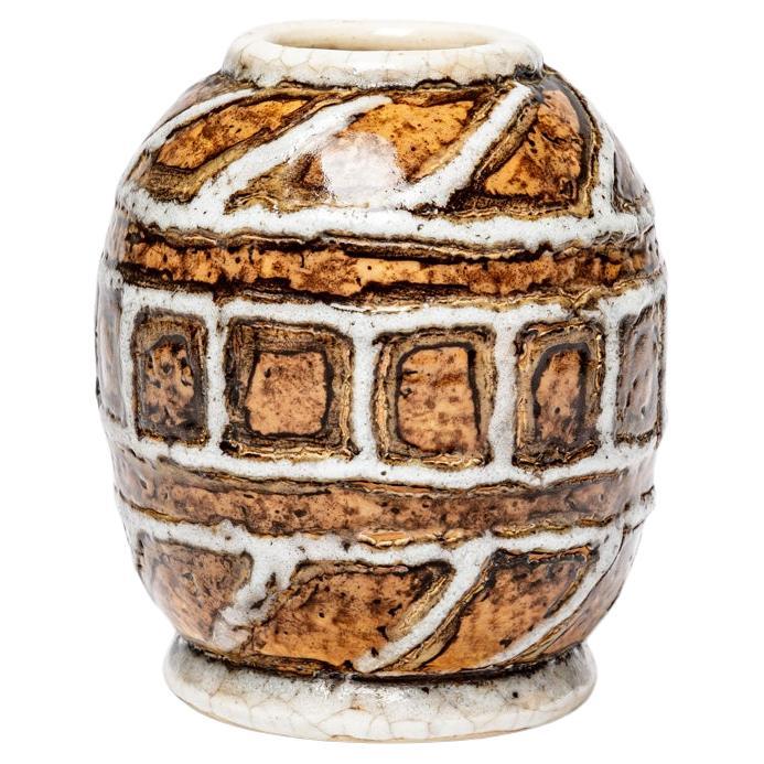 2àth century art deco white and brown geometric ceramic vase style of J. Besnard For Sale