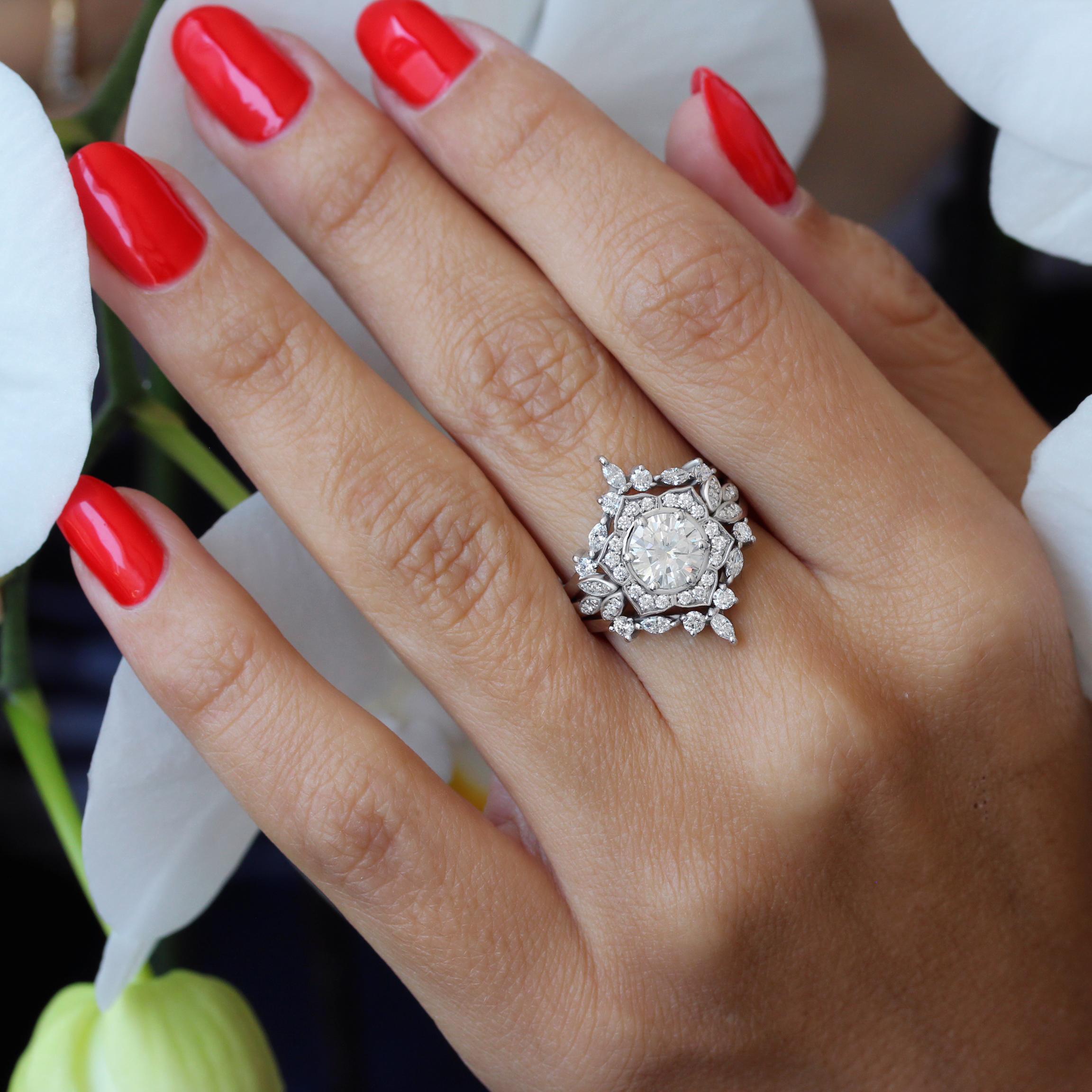 Art Deco 2carat Diamond Flower Engagement Ring, Three Ring Set - 