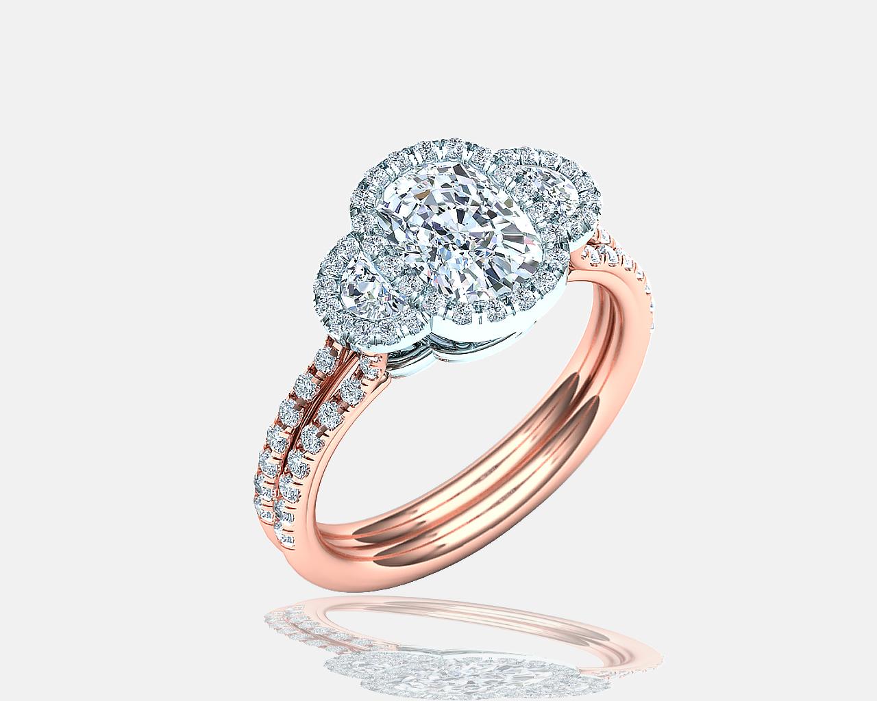 This beautiful three-stone diamond ring has a modern twist on a classicaly-inspired ring.  Taking a typical three-stone ring and adding an inclusive diamond halo makes this ring immediately different.  The center stone diamond is an EGL USA