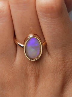 2ct Australian Solid Crystal Opal 9k Gold Oval Bezel Ring Green Blue Minimal