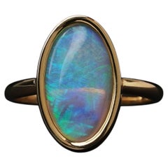 2ct Australian Solid Crystal Opal 9k Gold Oval Bezel Ring Green Blue Minimal