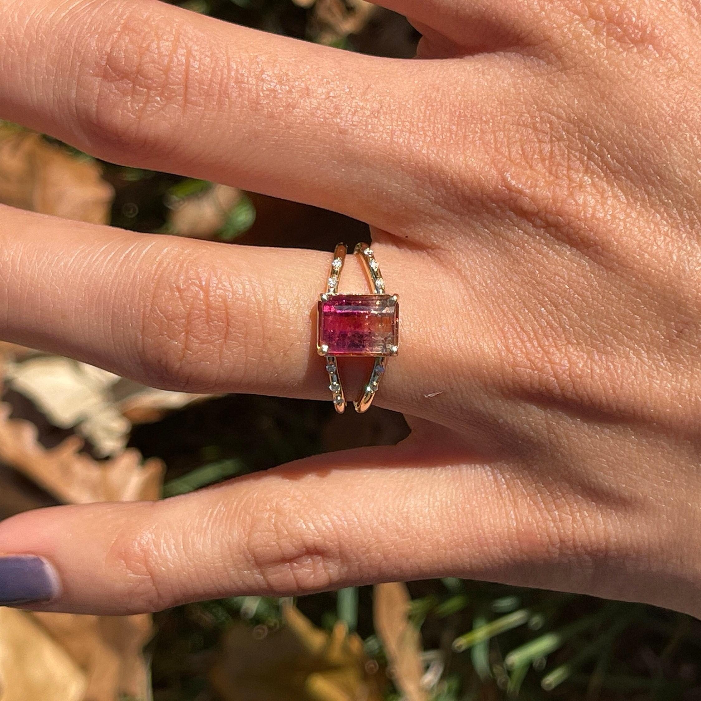 Women's 2ct Bicolor Tourmaline Ring w Earth Mined Diamonds in Solid 14K Gold EM 9x6mm